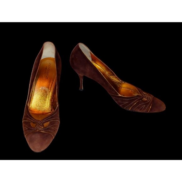 Dolce & Gabbana Brown Suede Gold Accent High Heel Shoes Size 38.5 - Picture 3 of 9